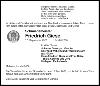 Traueranzeige von Friedrich Giese von ALLGEMEINE ZEITUNG UELZEN