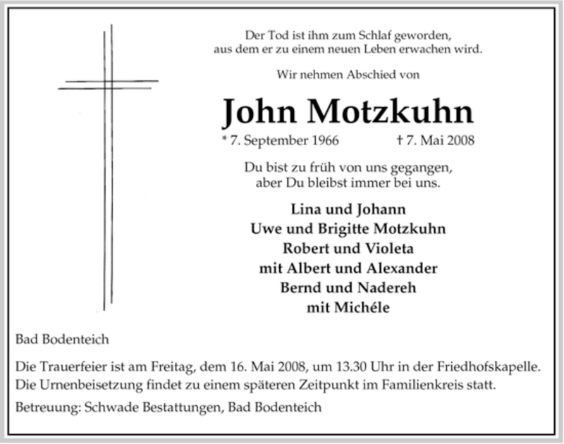  Traueranzeige für John Motzkuhn vom 10.05.2008 aus ALLGEMEINE ZEITUNG UELZEN