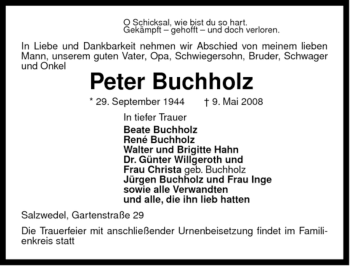 Traueranzeige von Peter Buchholz von ALLGEMEINE ZEITUNG UELZEN