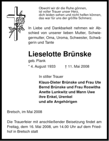 Traueranzeige von Lieselotte Brünske von ALLGEMEINE ZEITUNG UELZEN