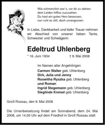 Traueranzeige von Edeltrud Uhlenberg von ALLGEMEINE ZEITUNG UELZEN