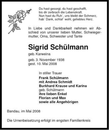 Traueranzeige von Sigrid Schülmann von ALLGEMEINE ZEITUNG UELZEN