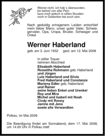 Traueranzeige von Werner Haberland von ALLGEMEINE ZEITUNG UELZEN