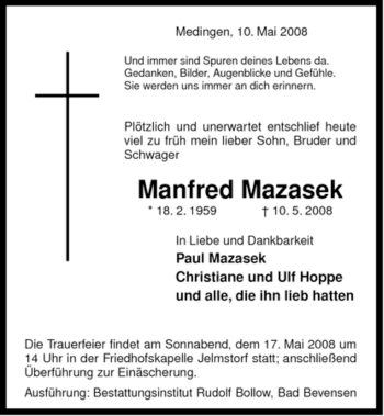 Traueranzeige von Manfred Mazasek von ALLGEMEINE ZEITUNG UELZEN