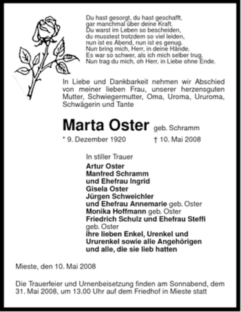 Traueranzeige von Marta Oster von ALLGEMEINE ZEITUNG UELZEN