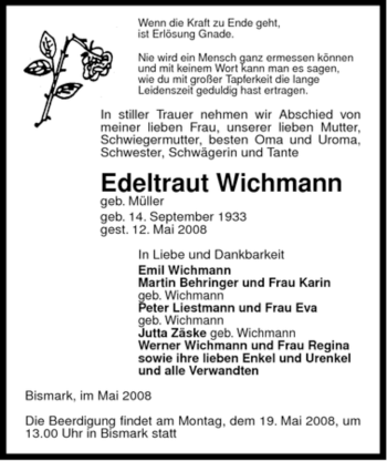 Traueranzeige von Edeltraut Wichmann von ALLGEMEINE ZEITUNG UELZEN