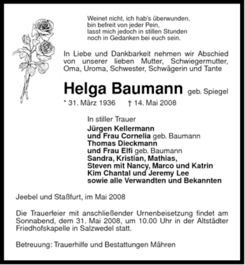 Traueranzeige von Helga Baumann von ALLGEMEINE ZEITUNG UELZEN