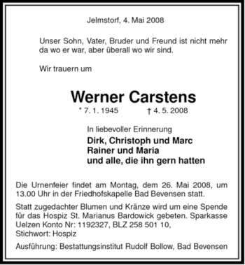 Traueranzeige von Werner Carstens von ALLGEMEINE ZEITUNG UELZEN