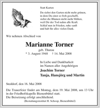 Traueranzeige von Marianne Torner von ALLGEMEINE ZEITUNG UELZEN