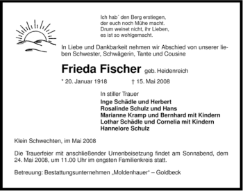 Traueranzeige von Frieda Fischer von ALLGEMEINE ZEITUNG UELZEN