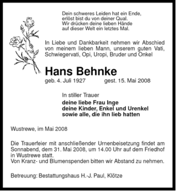 Traueranzeige von Hans Behnke von ALLGEMEINE ZEITUNG UELZEN