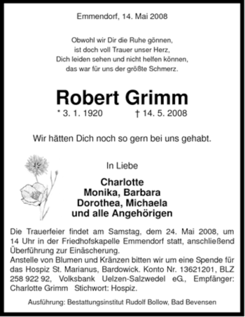 Traueranzeige von Robert Grimm von ALLGEMEINE ZEITUNG UELZEN