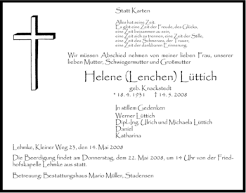 Traueranzeige von Helene Lüttich von ALLGEMEINE ZEITUNG UELZEN