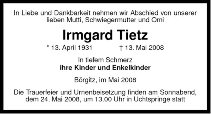  Traueranzeige für Irmgard Tietz vom 19.05.2008 aus ALLGEMEINE ZEITUNG UELZEN