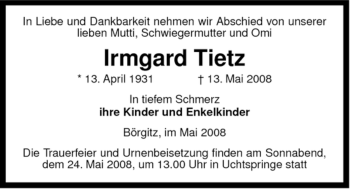 Traueranzeige von Irmgard Tietz von ALLGEMEINE ZEITUNG UELZEN