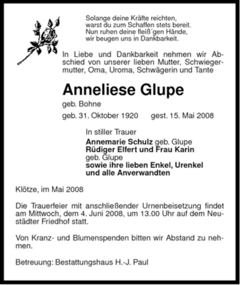 Traueranzeige von Anneliese Glupe von ALLGEMEINE ZEITUNG UELZEN