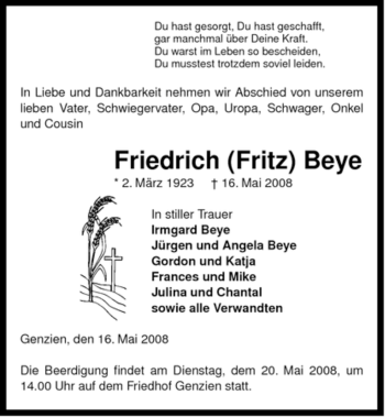 Traueranzeige von Friedrich (Fritz) Beye von ALLGEMEINE ZEITUNG UELZEN