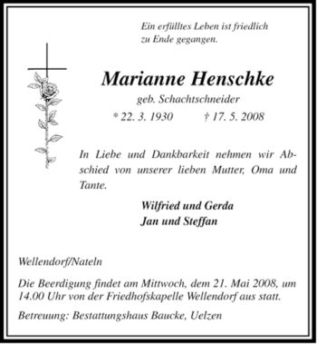 Traueranzeige von Marianne Henschke von ALLGEMEINE ZEITUNG UELZEN