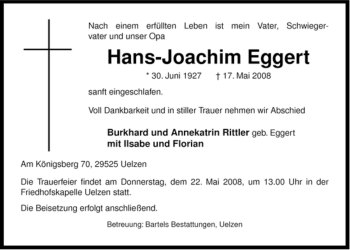 Traueranzeige von Hans-Joachim Eggert von ALLGEMEINE ZEITUNG UELZEN