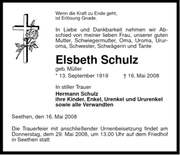 Traueranzeige von Elsbeth Schulz von ALLGEMEINE ZEITUNG UELZEN