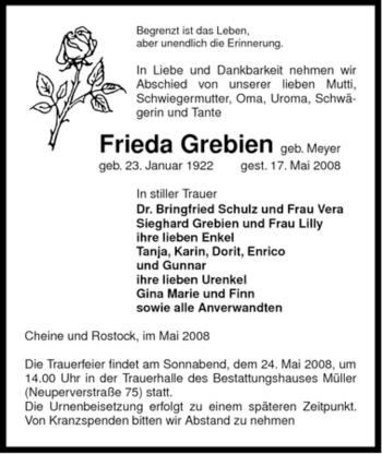 Traueranzeige von Frieda Grebien von ALLGEMEINE ZEITUNG UELZEN