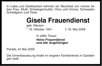 Traueranzeige von Gisela Frauendienst von ALLGEMEINE ZEITUNG UELZEN