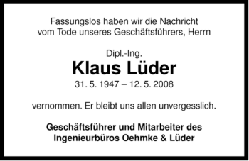 Traueranzeige von Klaus Lüder von ALLGEMEINE ZEITUNG UELZEN