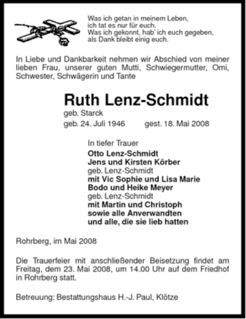 Traueranzeige von Ruth Lenz-Schmidt von ALLGEMEINE ZEITUNG UELZEN