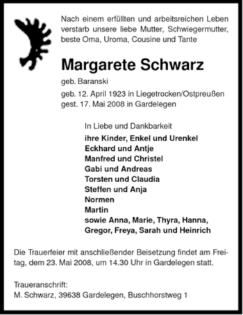 Traueranzeige von Margarete Schwarz von ALLGEMEINE ZEITUNG UELZEN