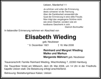 Traueranzeige von Elisabeth Wieding von ALLGEMEINE ZEITUNG UELZEN