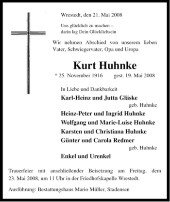 Traueranzeige von Kurt Huhnke von ALLGEMEINE ZEITUNG UELZEN