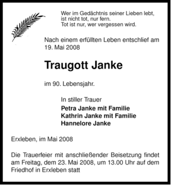Traueranzeige von Traugott Janke von ALLGEMEINE ZEITUNG UELZEN