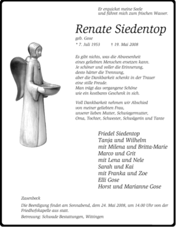 Traueranzeige von Renate Siedentop von ALLGEMEINE ZEITUNG UELZEN