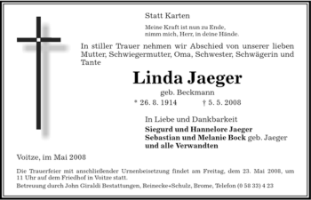 Traueranzeige von Linda Jaeger von ALLGEMEINE ZEITUNG UELZEN