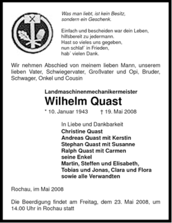 Traueranzeige von Wilhelm Quast von ALLGEMEINE ZEITUNG UELZEN