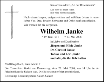 Traueranzeige von Wilhelm Janke von ALLGEMEINE ZEITUNG UELZEN