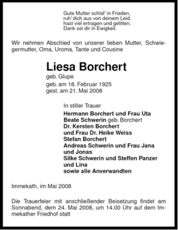 Traueranzeige von Liesa Borchert von ALLGEMEINE ZEITUNG UELZEN