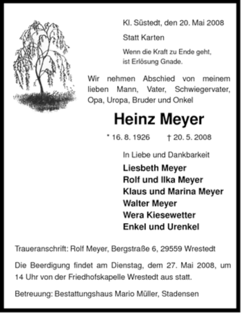 Traueranzeige von Heinz Meyer von ALLGEMEINE ZEITUNG UELZEN