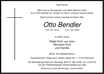 Traueranzeige von Otto Bendler von ALLGEMEINE ZEITUNG UELZEN