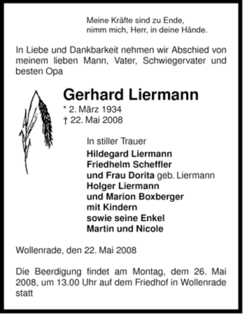 Traueranzeige von Gerhard Liermann von ALLGEMEINE ZEITUNG UELZEN