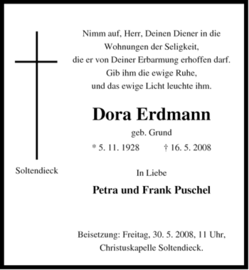 Traueranzeige von Dora Erdmann von ALLGEMEINE ZEITUNG UELZEN