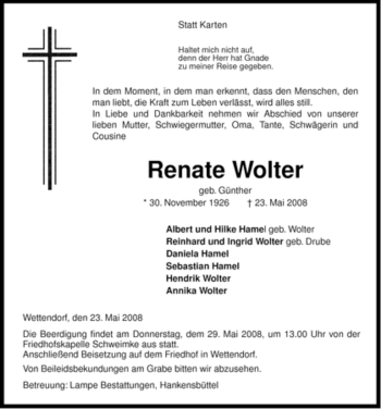 Traueranzeige von Renate Wolter von ALLGEMEINE ZEITUNG UELZEN