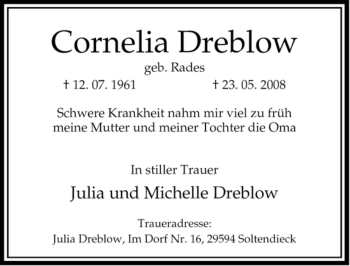 Traueranzeige von Cornelia Dreblow von ALLGEMEINE ZEITUNG UELZEN