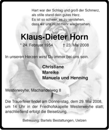 Traueranzeige von Klaus-Dieter Horn von ALLGEMEINE ZEITUNG UELZEN