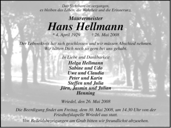 Traueranzeige von Hans Hellmann von ALLGEMEINE ZEITUNG UELZEN
