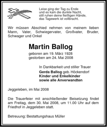 Traueranzeige von Martin Ballog von ALLGEMEINE ZEITUNG UELZEN