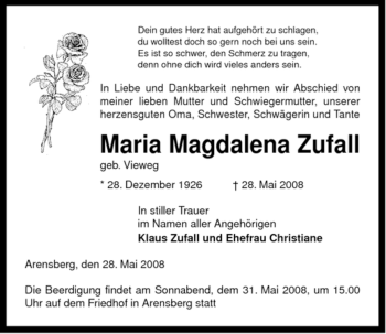 Traueranzeige von Maria Magdalena von ALLGEMEINE ZEITUNG UELZEN