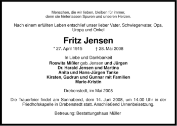 Traueranzeige von Fritz Jensen von ALLGEMEINE ZEITUNG UELZEN