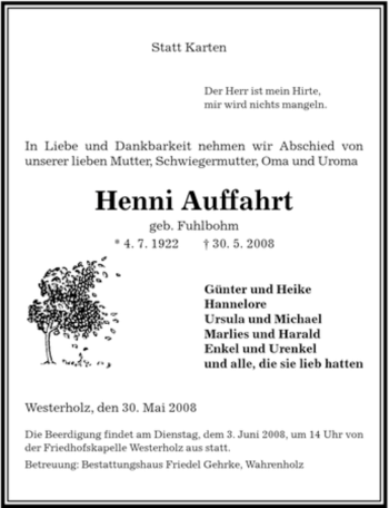Traueranzeige von Henni Friedel von ALLGEMEINE ZEITUNG UELZEN
