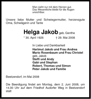 Traueranzeige von Helga Jakob von ALLGEMEINE ZEITUNG UELZEN
